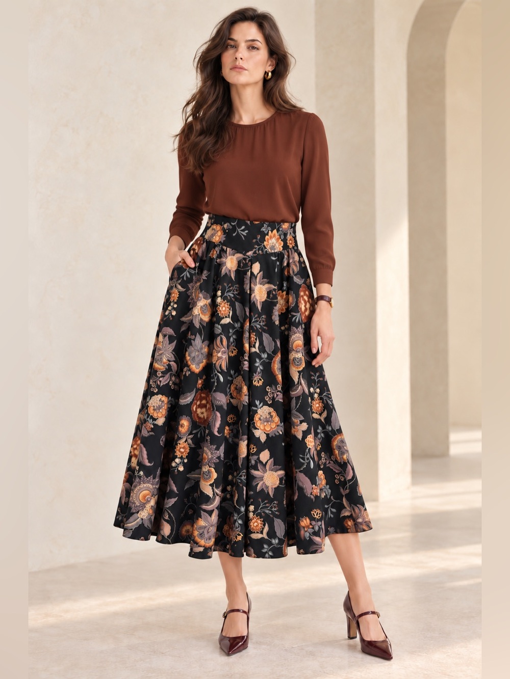 Mondi Vintage 80s Floral Wool Pleated V-Waist Midi Skirt Pockets Lined Sz S